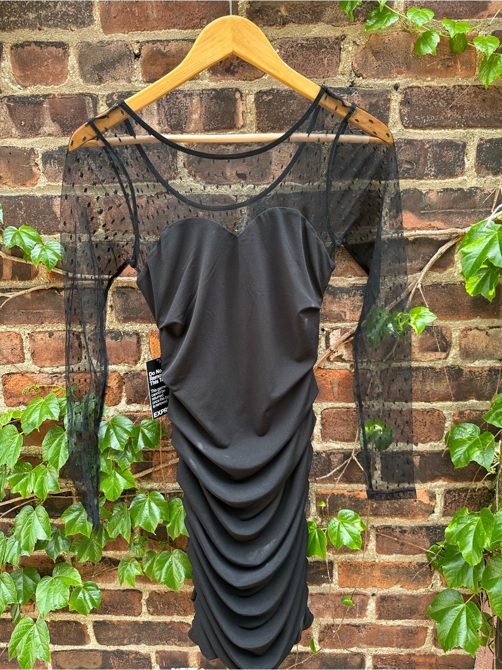 Express Black Mesh Sleeve Ruched Bodycon Dress